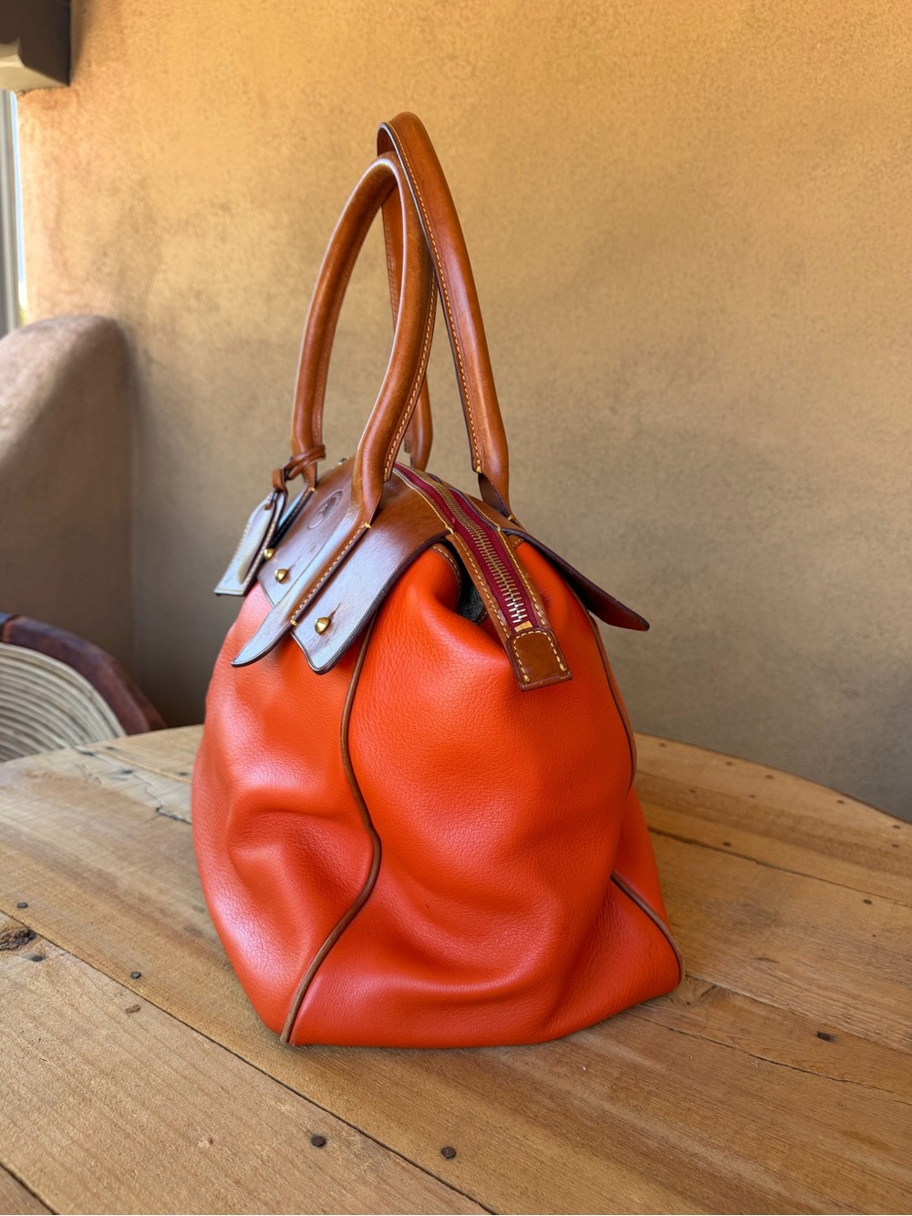Dooney & Bourke Large Pebble Grain Leather Satchel Weekender Coral Orange Tan - Picture 3 of 15